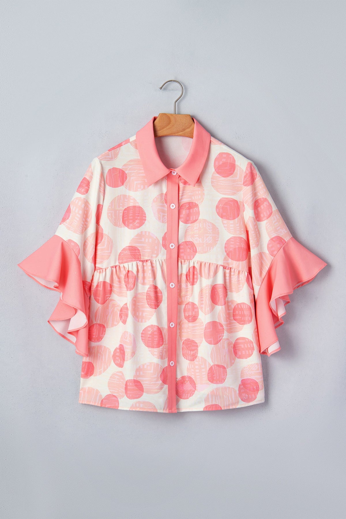 Pink Double Polka Dot Printed Ruffle Trim Short Sleeve Babydoll Shirt