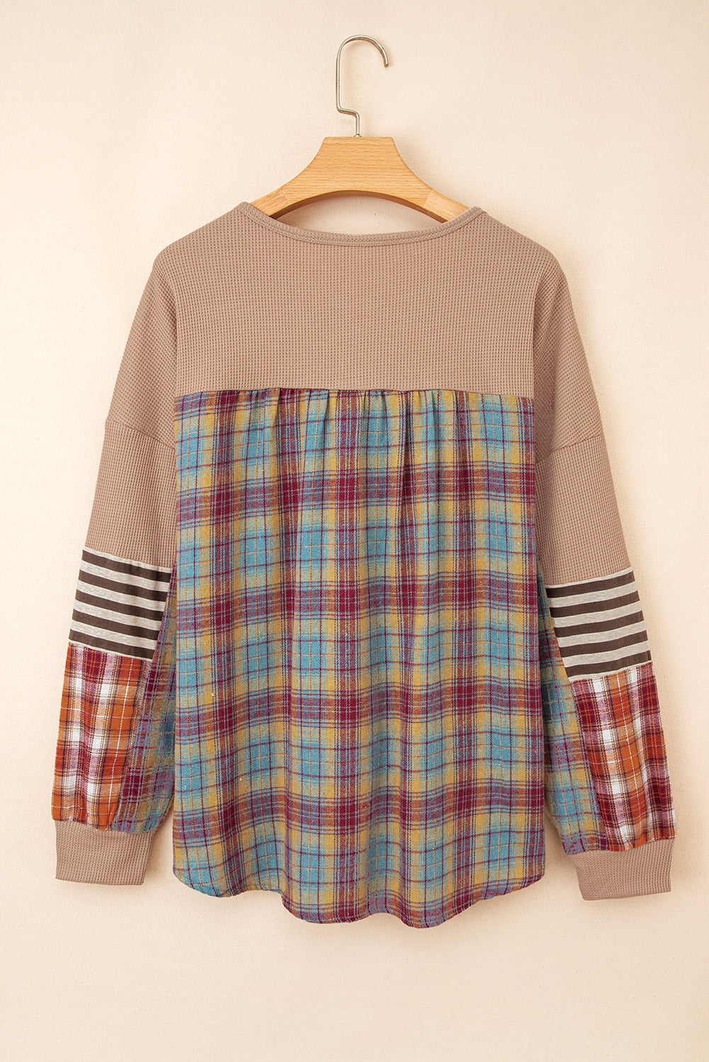 Straw Yellow Waffle Stripe Plaid Patchwork Henley Knit Top